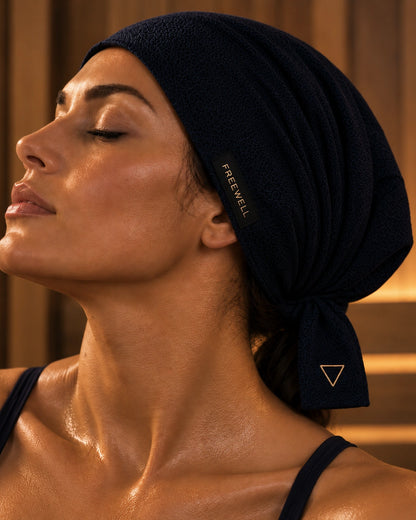 The Ritual Cap's expandable silk-lined pouch holding long hair