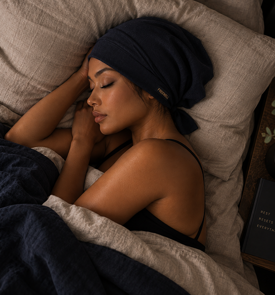 Woman sleeping on a pillow at night, wearing the Ritual Cap to protect her hair